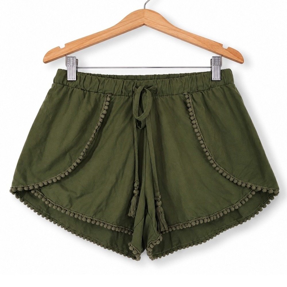Hot Kiss Shorts Womens Medium Olive Green Drawstring Tassel Pom Pom Trim Boho